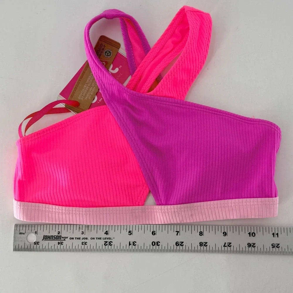NWT Justice Pink Cross Neck‎ Rib Bikini Top UPF 50+ Girls Kids Size M 10 Flaw